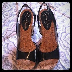 Jessica Simpson patent sling back wedge heels